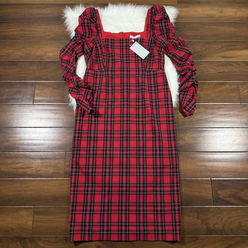 Antonio Melani‎ Women's Size 12 Red Tartan Plaid Elena Square Neck Midi Dress